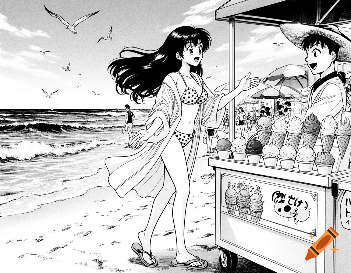 Black and white manga illustration of a woman in a bikini and sarong buying ice cream from a vendor on a sunny beach.