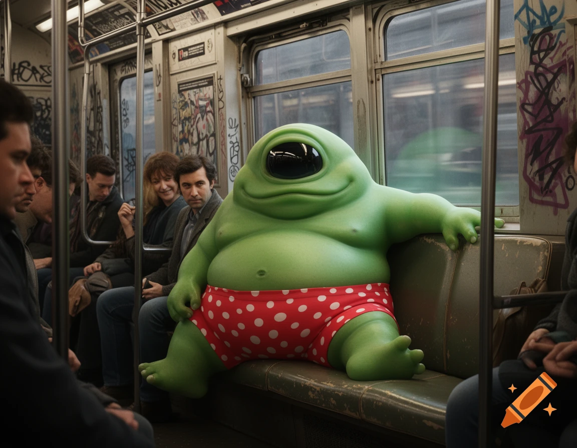 A fat green alien with large black eyes and a small smile, wearing red polka-dot boxers, sits on a worn seat in a graffiti-covered subway car among human passengers, looking forward.