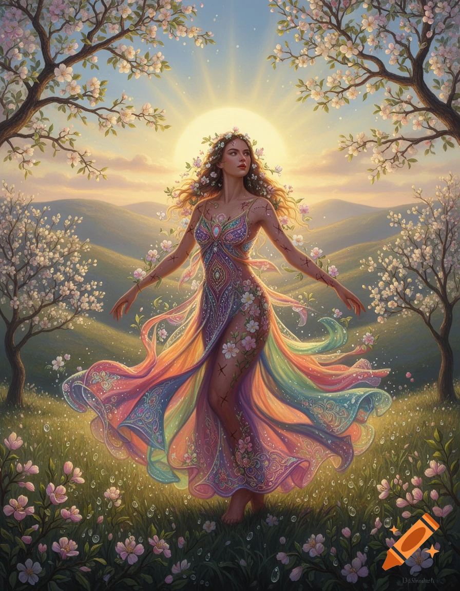 A woman in a flowing, rainbow-colored dress adorned with flowers dances in a sunlit spring meadow with blossoming trees.