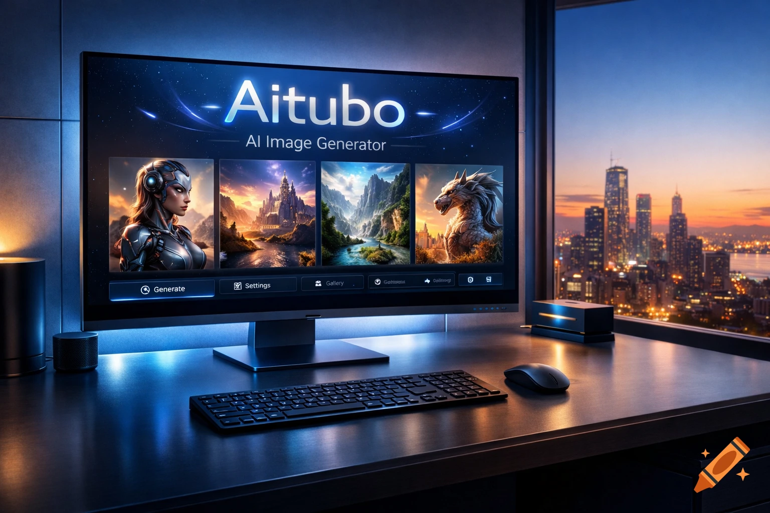 A computer monitor displaying an AI image generator interface with sci-fi and fantasy art, set on a desk with a keyboard and mouse, overlooking a city skyline at sunset.