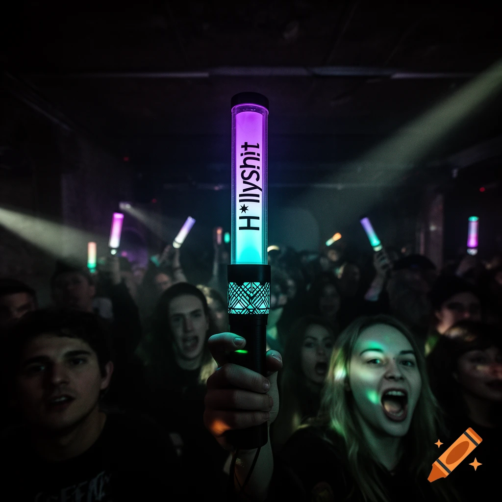 A person holding a glowing lightstick with 'H*llySh!t' text, amidst a cheering crowd at a dark concert or club.