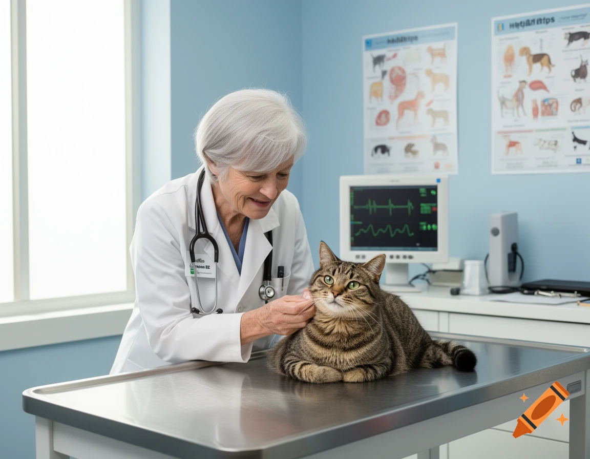 A smiling female veterinarian gently pets a tabby cat on a metal examination table in a bright vet clinic.