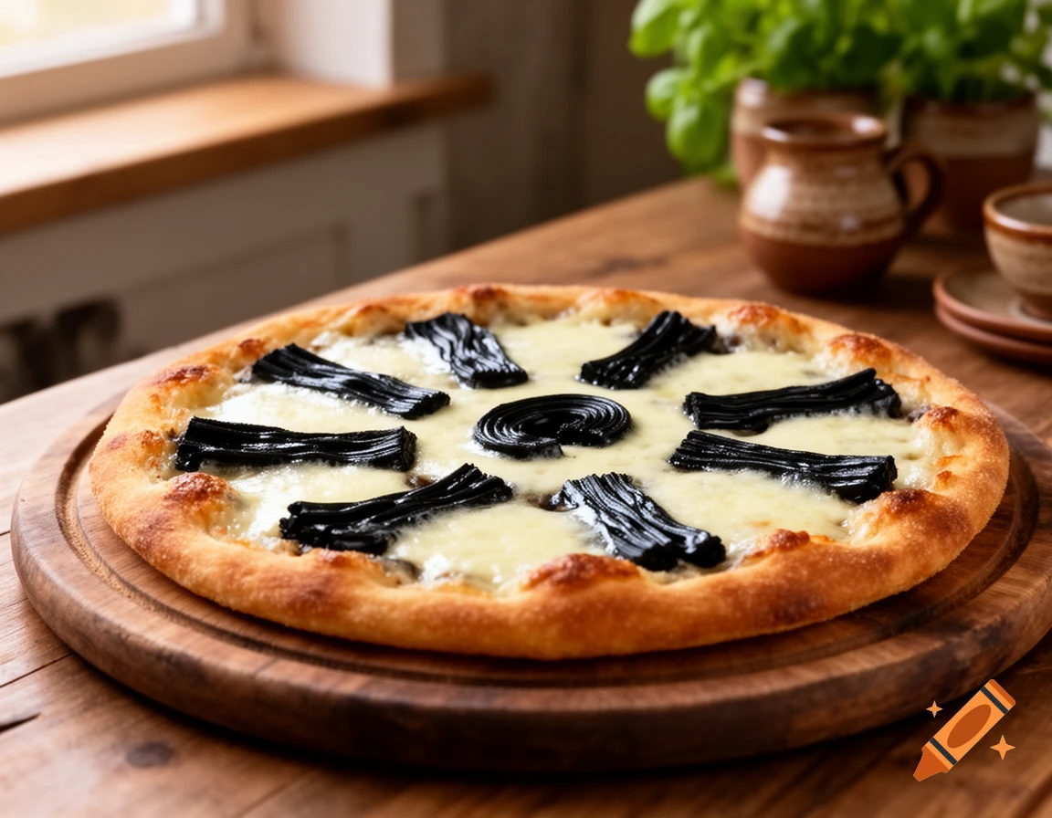 Photorealistic pizza with melted cheese and black licorice arranged on a wooden cutting board.