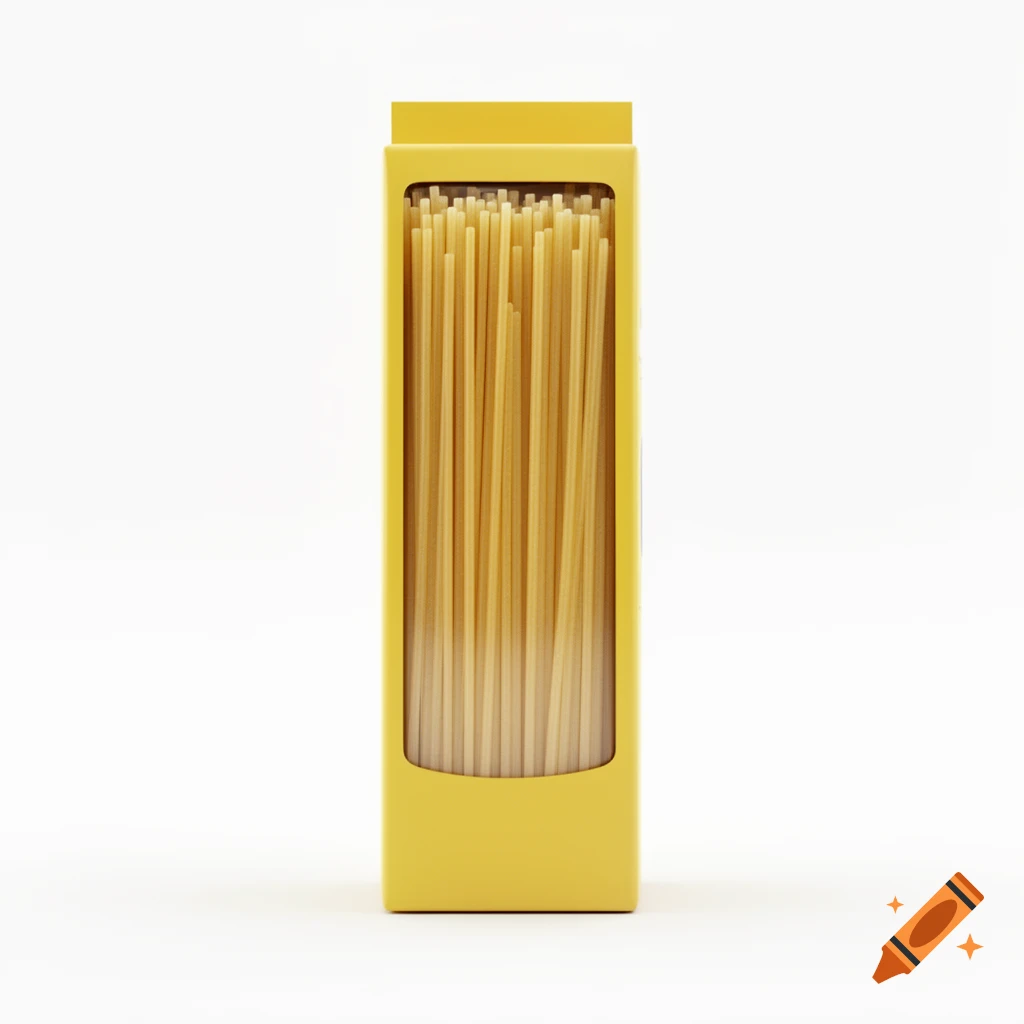 A tall yellow box filled with raw spaghetti strands, isolated on a pure white background.