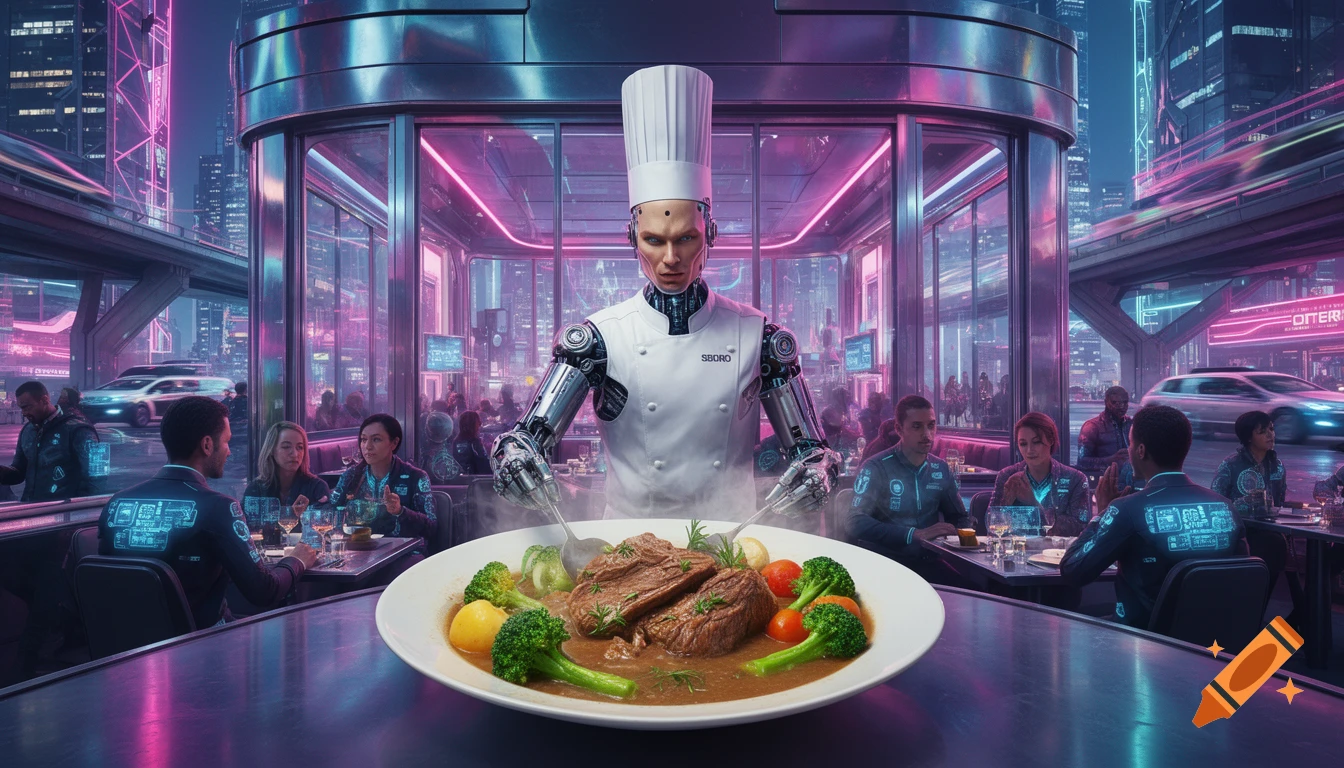 A cyborg chef in a neon-lit futuristic restaurant serves a stew to ...