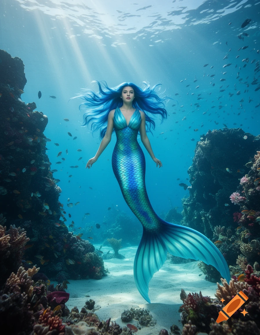 A beautiful mermaid with blue hair and a shimmering blue-green tail swims gracefully among colorful coral reefs in a sunlit ocean.