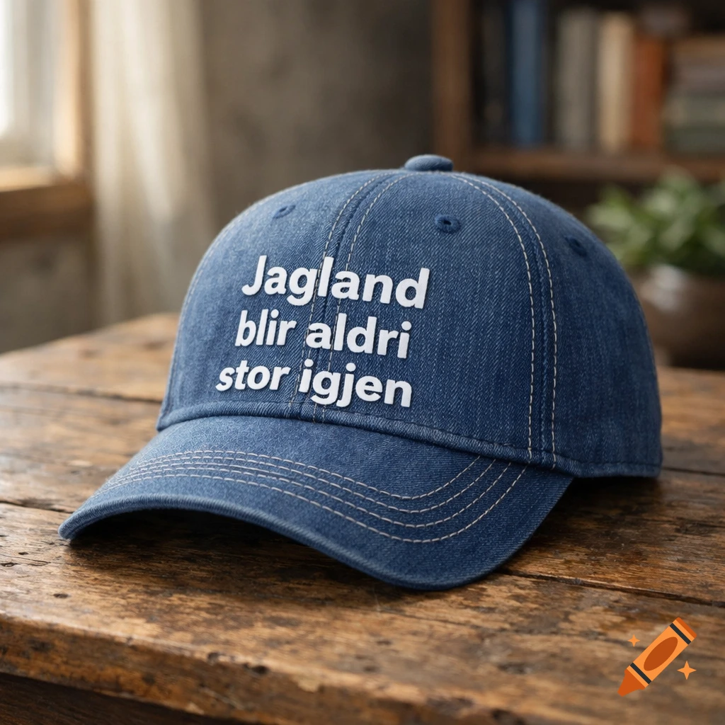 A blue denim baseball cap with the white text 'Jagland blir aldri stor igjen' sits on a rustic wooden table.