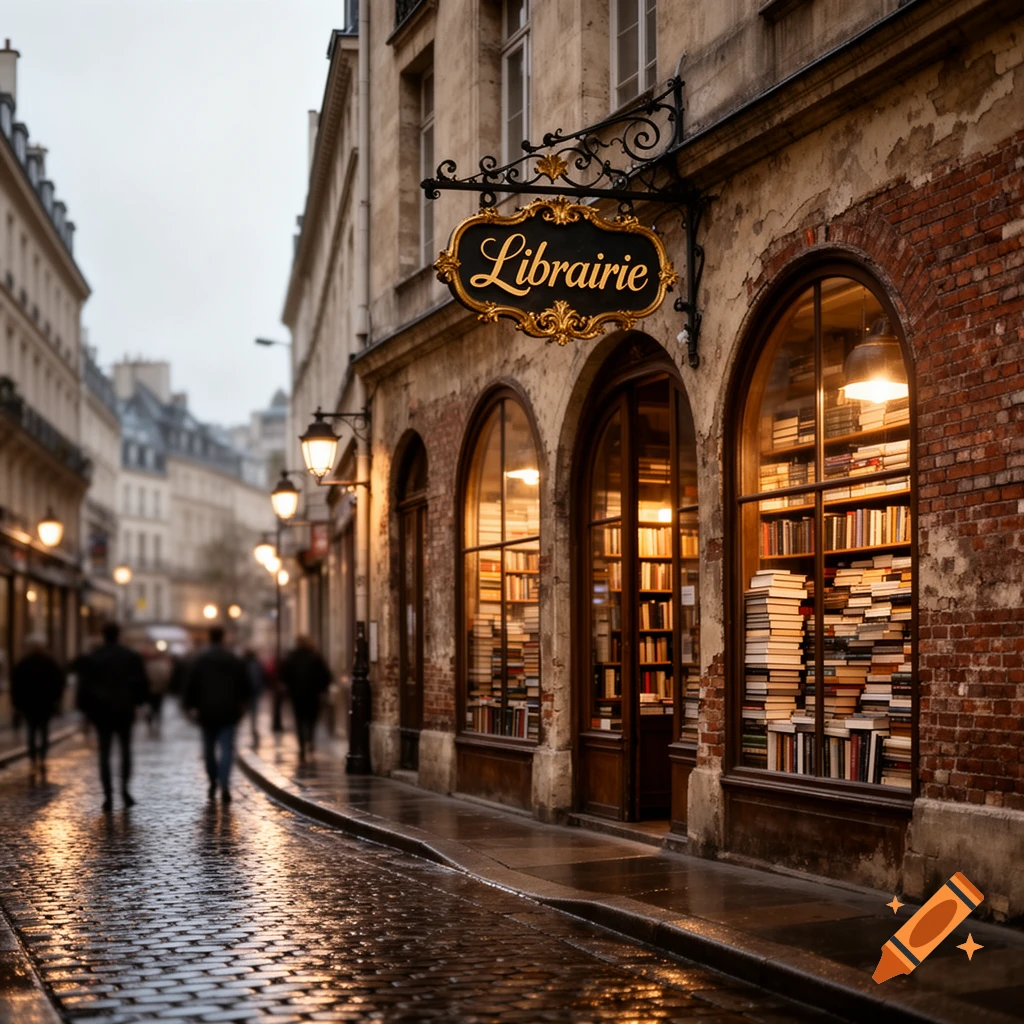 A photorealistic depiction of a quaint European street with a brightly lit bookstore at dusk, reflections on wet cobblestones.