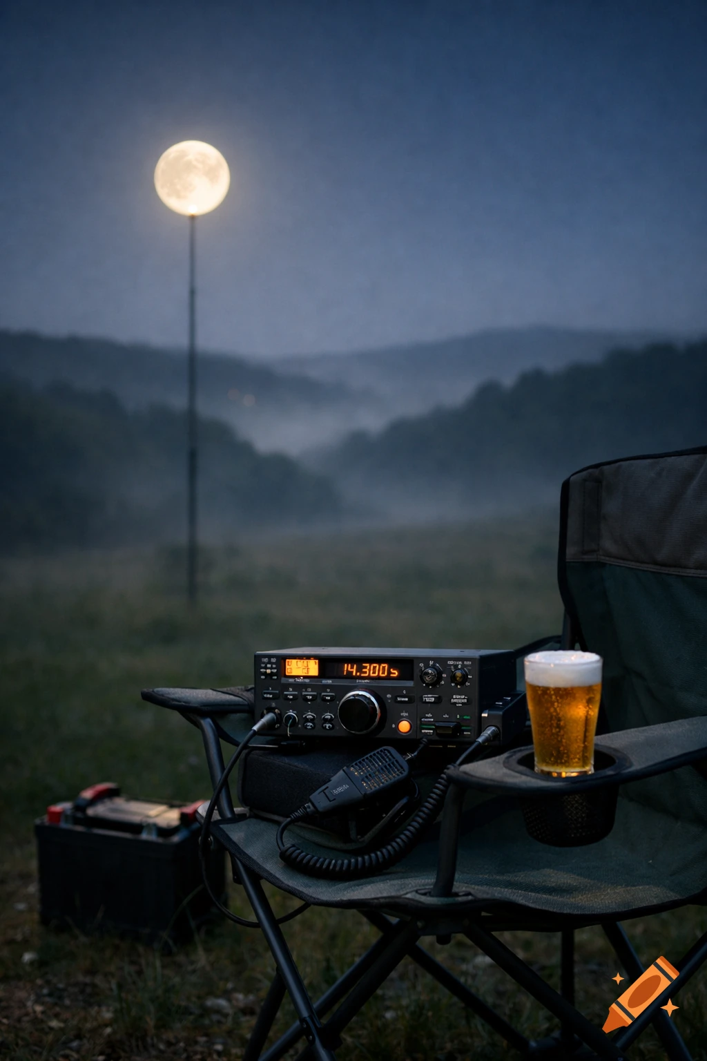 A close-up of a ham radio and a glass of beer on a camping chair in a foggy night landscape, with a full moon aligned with a distant antenna.