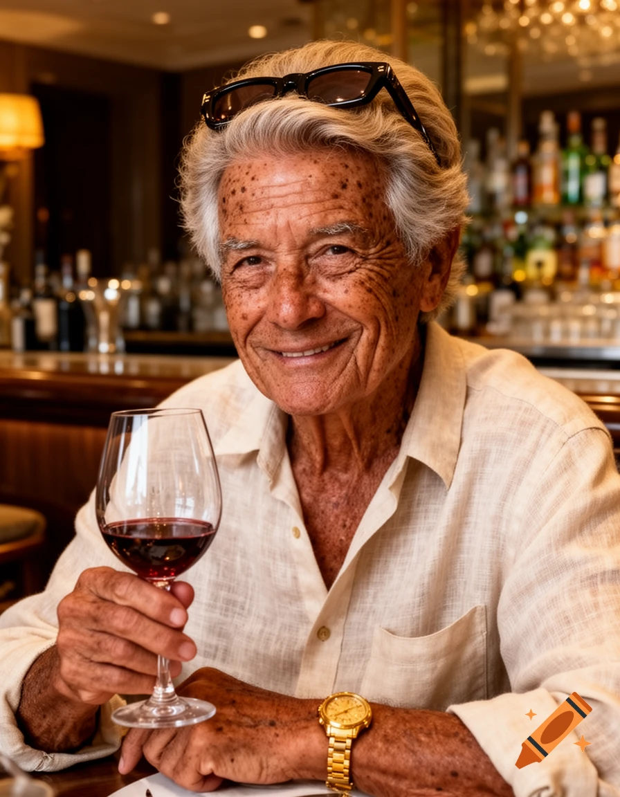 A smiling elderly man with weathered skin, grey hair, and sunglasses on his head, wearing a linen shirt and gold watch, holds a glass of red wine in a bar.