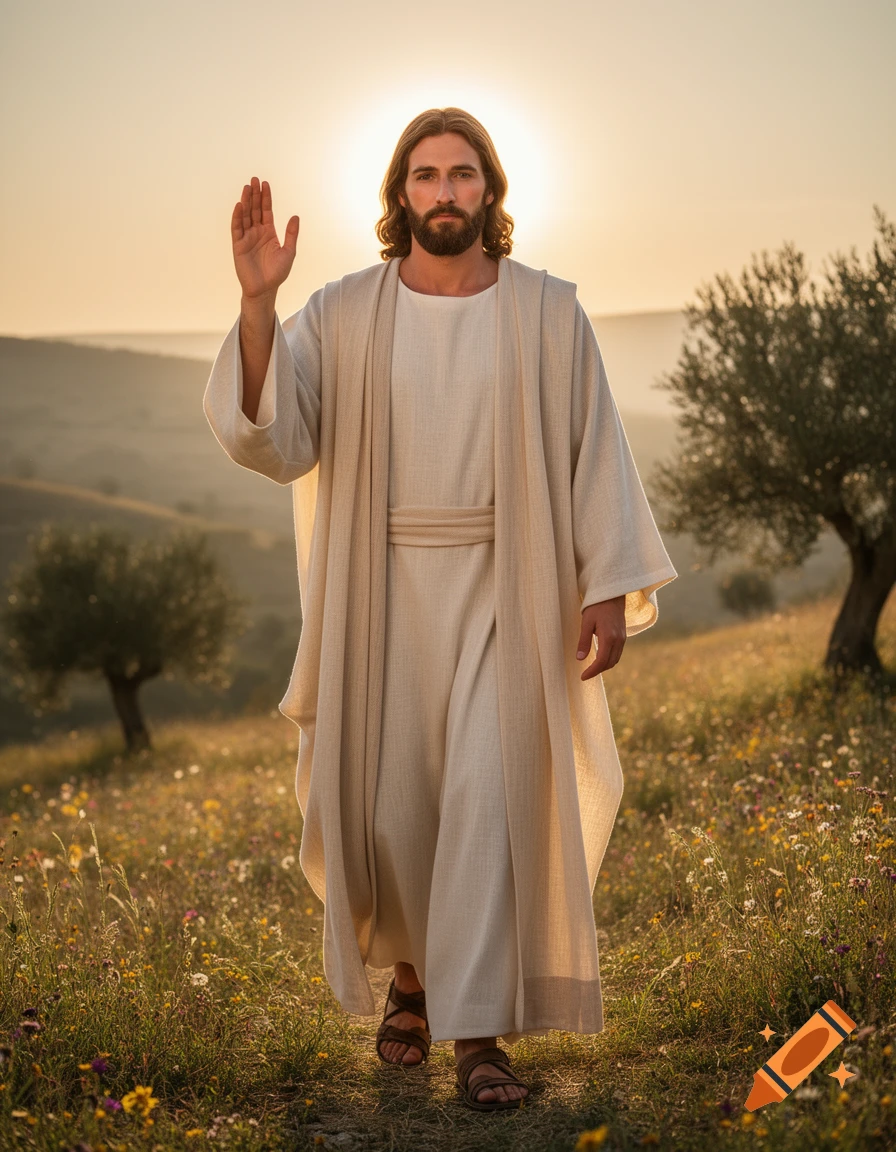 Photorealistic depiction of Jesus walking in a sunny field with wildflowers and olive trees, raising his right hand.