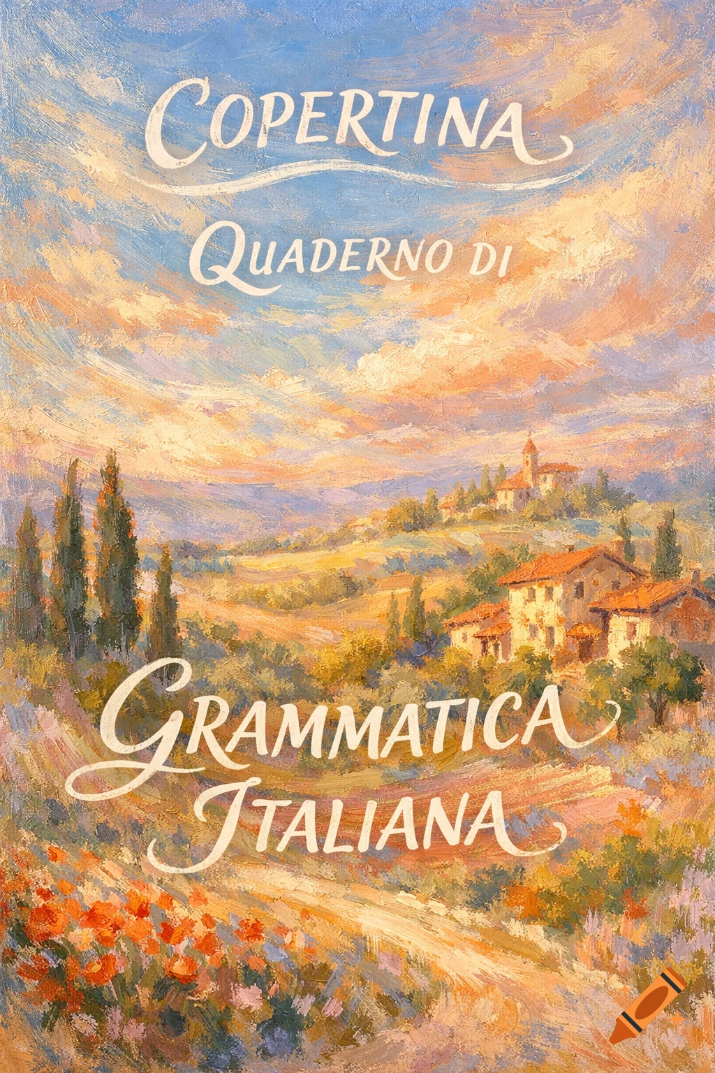 Impressionistic painting of a sunny Italian countryside with hills, cypresses, and houses, featuring text 'COPERTINA QUADERNO DI GRAMMATICA ITALIANA'.