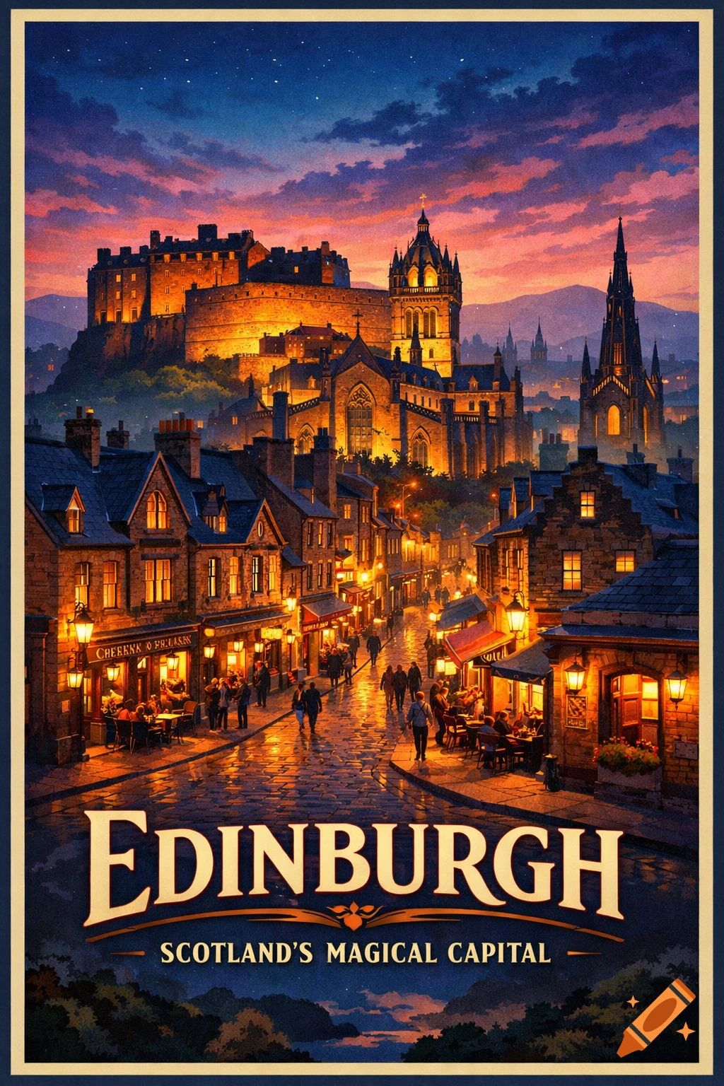 A vibrant travel poster of Edinburgh at dusk, featuring a bustling street leading to Edinburgh Castle under a starry, colorful sky.