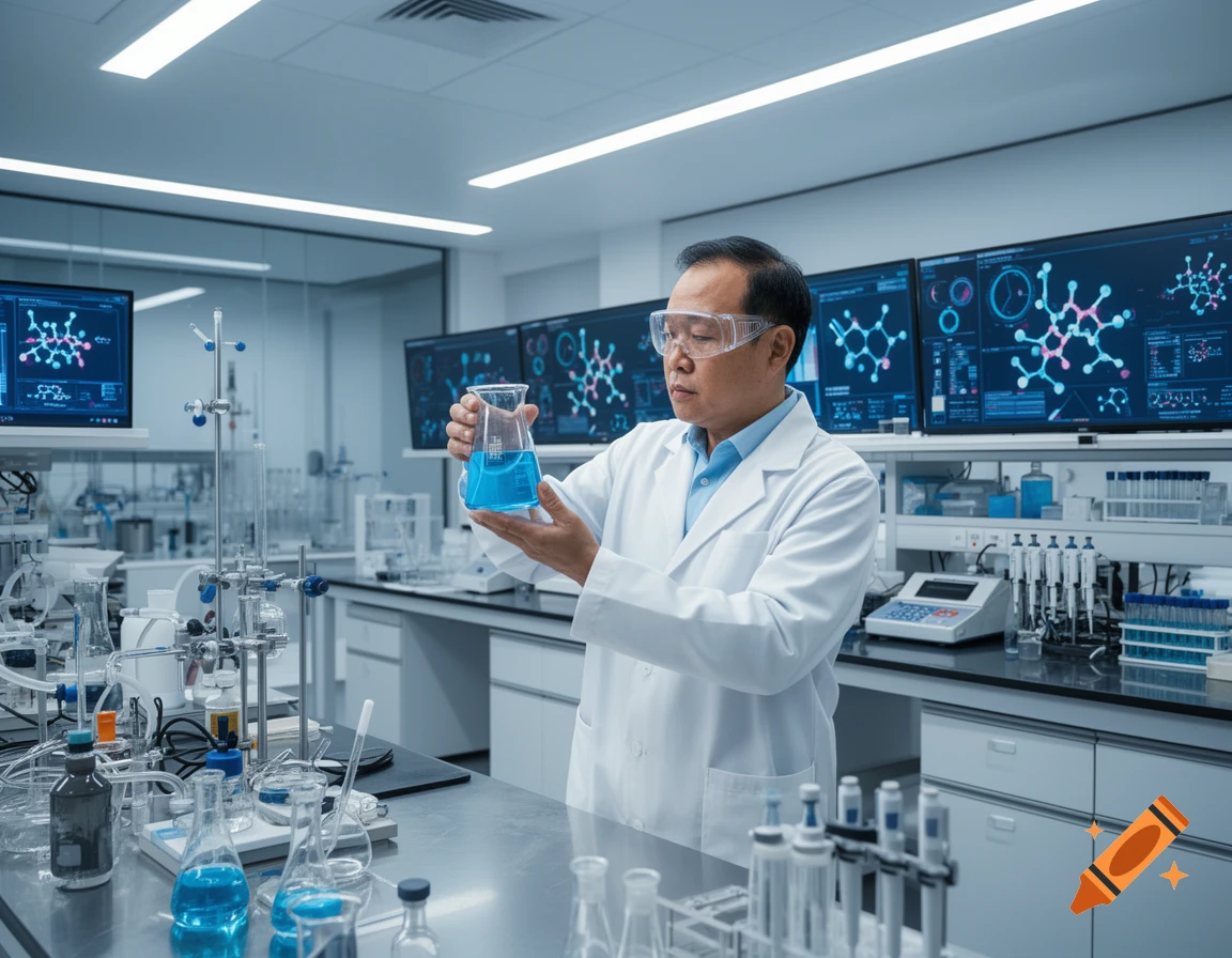 An Asian chemical engineer in a white lab coat and safety goggles holds a beaker of blue liquid in a modern laboratory filled with equipment and monitors displaying chemical structures.