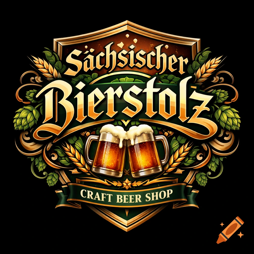 A golden and green logo for 'Sächsischer Bierstolz Craft Beer Shop' featuring two clinking beer mugs, hops, and wheat on a dark background.