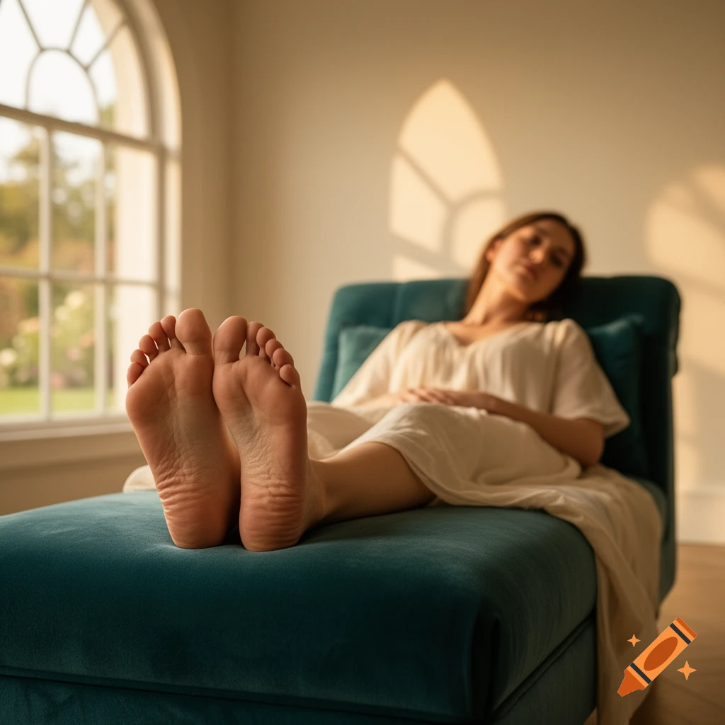 Woman relaxing on a teal chaise lounge with her bare feet in the foreground, sun shining through an arched window.