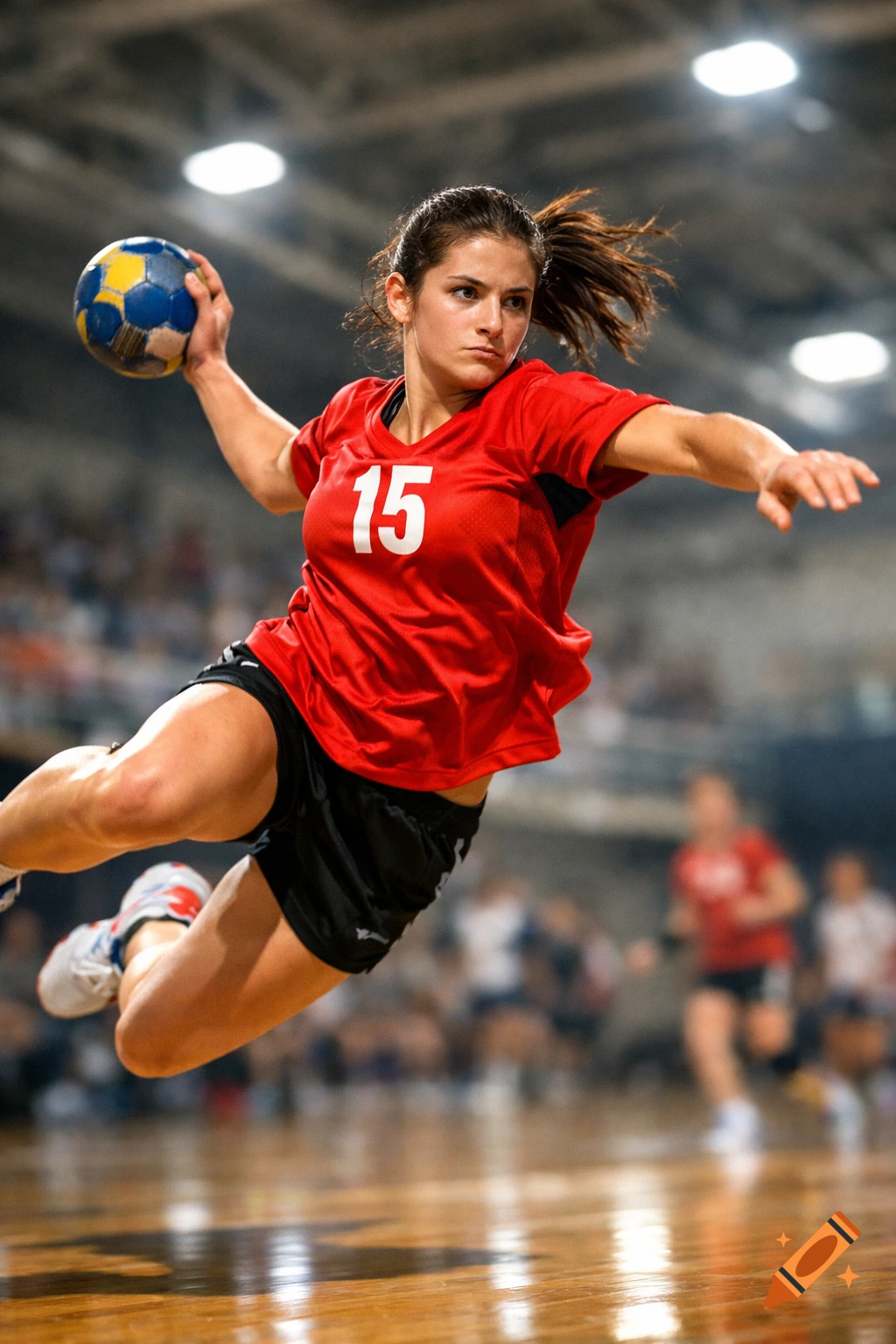 Brown-haired woman in red jersey with number 15 jumps to throw a handball during a game in an arena.
