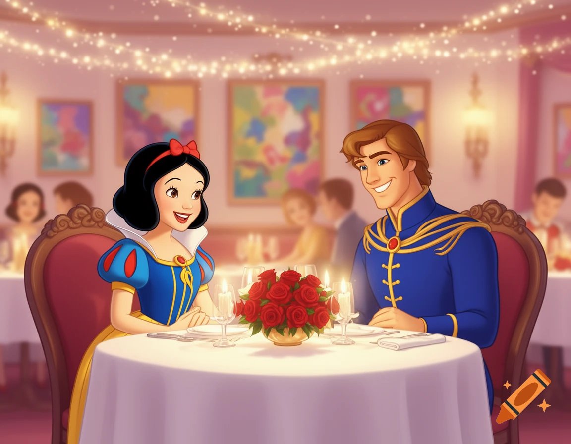 Cartoon Snow White and Prince Charming on a romantic dinner date with candles and roses in a restaurant.