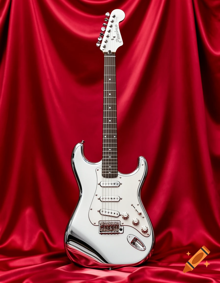 Chrome Fender Strat electric guitar with a white pickguard, standing vertically against a vibrant red silk background.