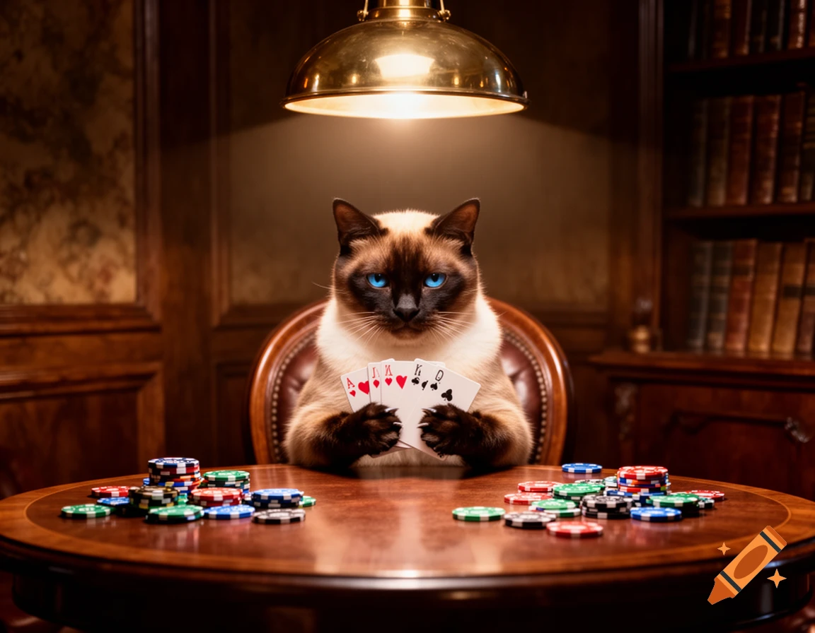 A photorealistic Siamese cat with bright blue eyes sits at a poker table, holding playing cards and surrounded by chips.