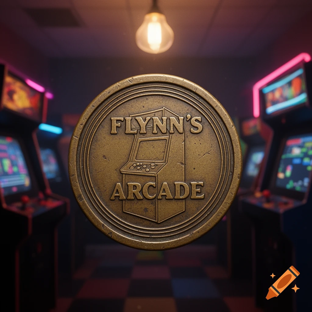 A detailed bronze arcade token for Flynn's Arcade with an embossed arcade machine, set against a blurred arcade background.