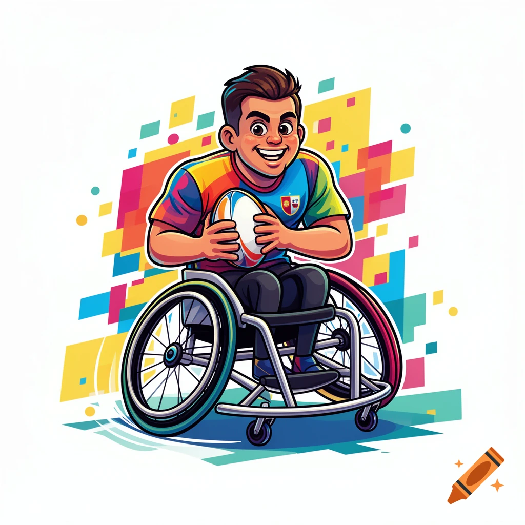 A cartoon wheelchair rugby player, smiling and holding a rugby ball, with colorful geometric shapes in the background.