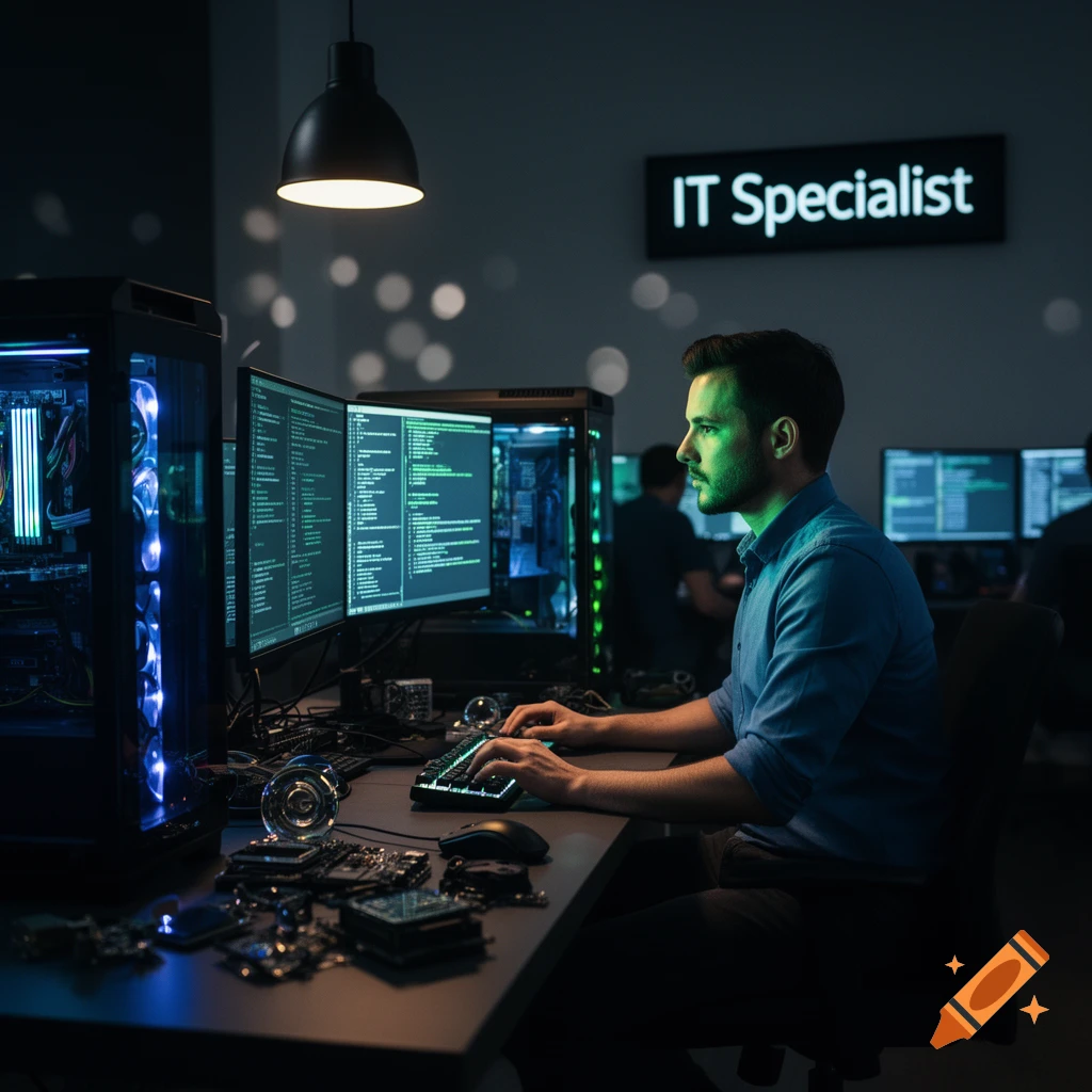 A man works at a desk with multiple monitors displaying code and illuminated computer towers, under an 'IT Specialist' sign.