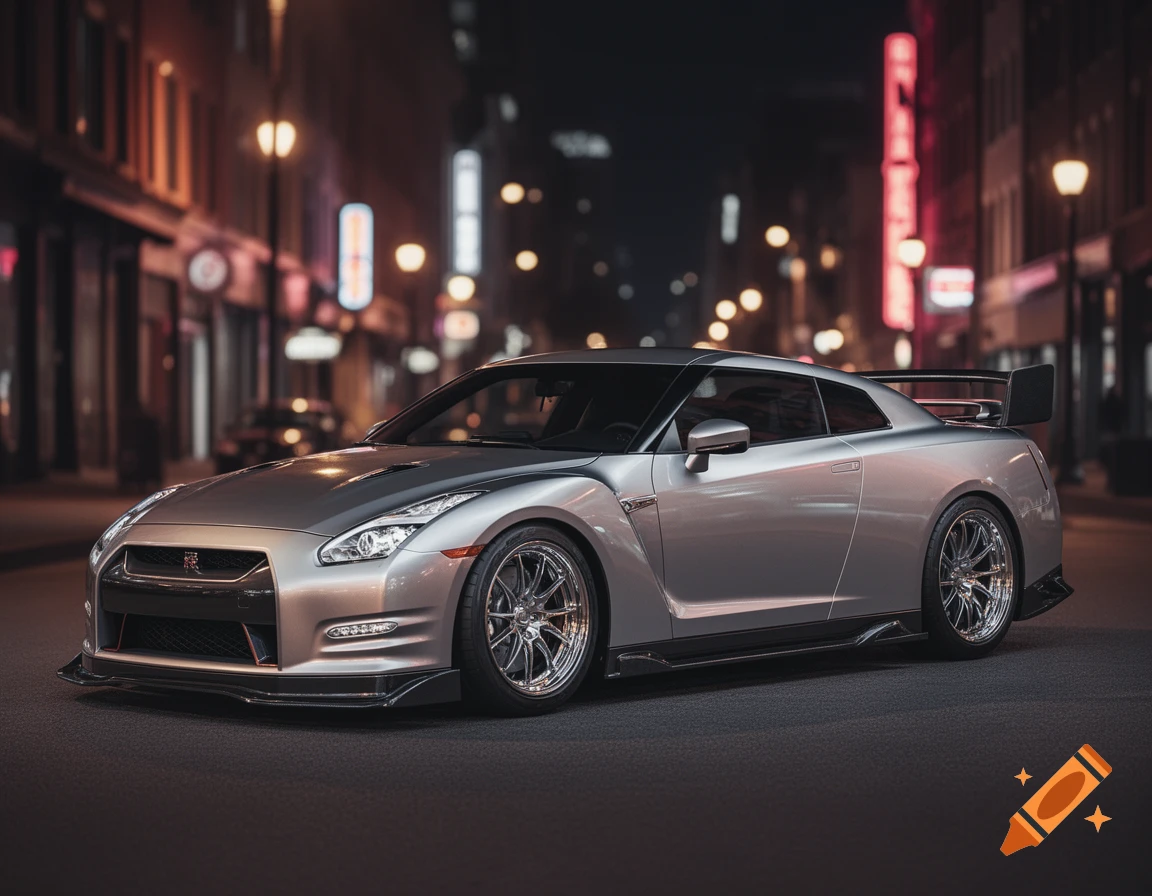 A silver Nissan GT-R sports car is parked on a dark city street at night, with blurred streetlights and buildings in the background. The car is sleek and modern, with chrome wheels and a rear spoiler, captured in a photorealistic style.