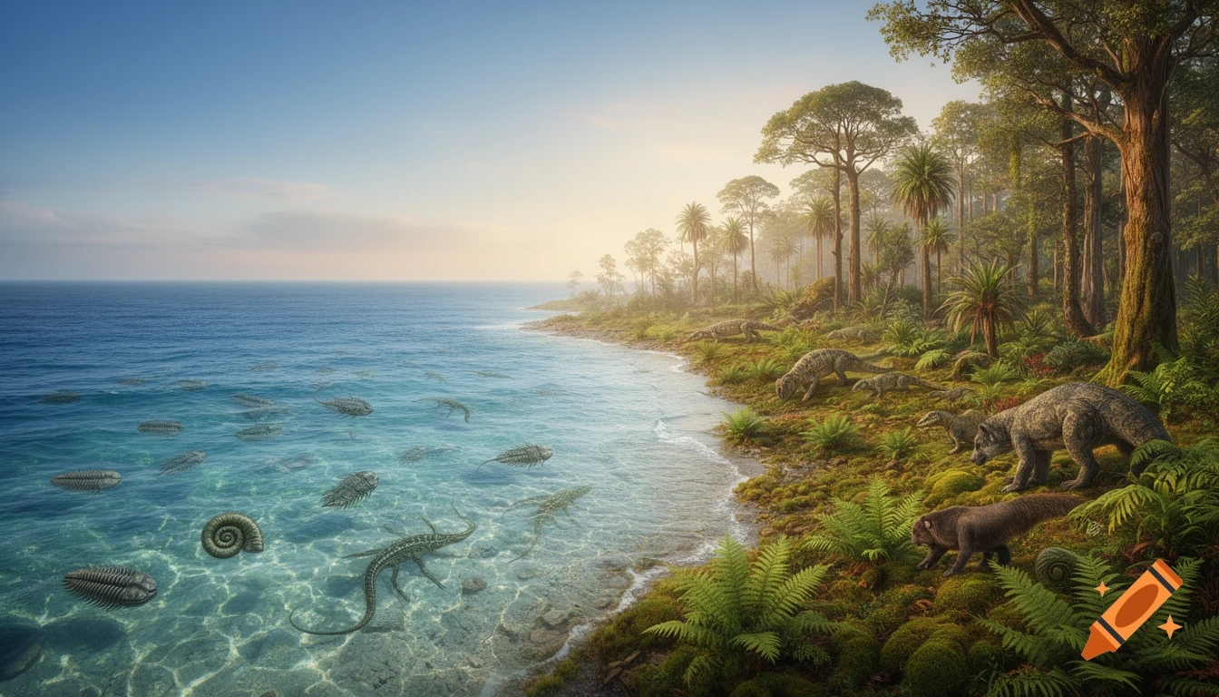 A photorealistic prehistoric coastline with ancient sea creatures in clear water and large early mammals and reptiles on the lush, forested land.