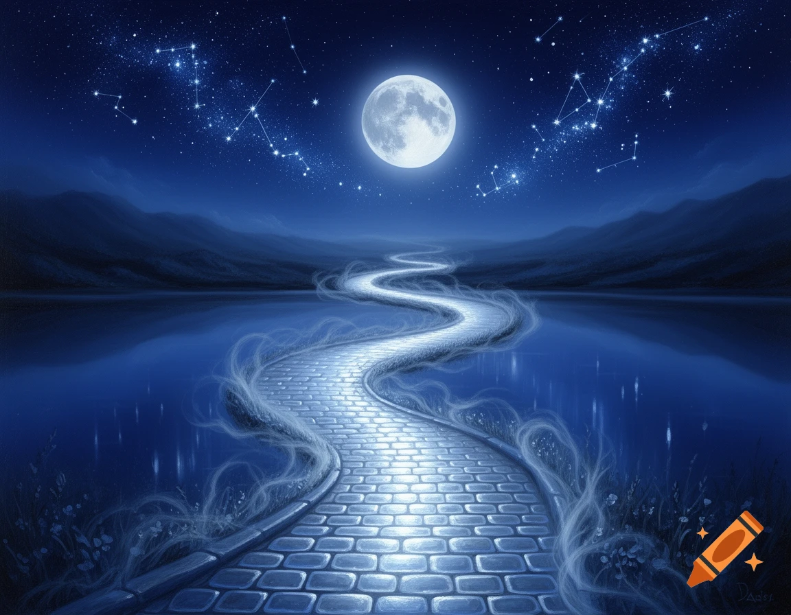 A winding moonlit path over a reflective lake leads to a full moon and constellations in a dark blue night sky, with mountains in the distance.