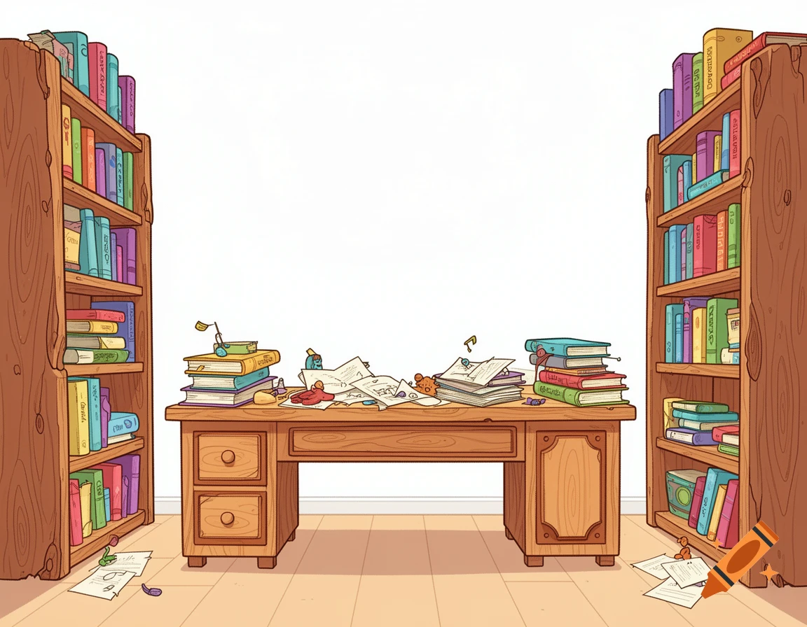 Cartoon illustration of a cluttered wooden desk between two overflowing bookshelves against a white background.