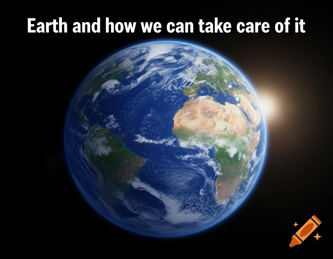 Photorealistic image of Earth seen from space, with a sun glare on the right, and the text "Earth and how we can take care of it" at the top.