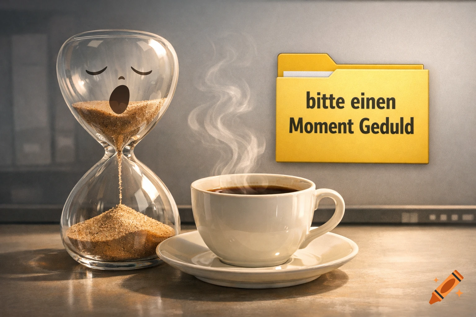 Photorealistic yawning hourglass, steaming coffee cup, and a yellow folder with 'bitte einen Moment Geduld' on a desk.