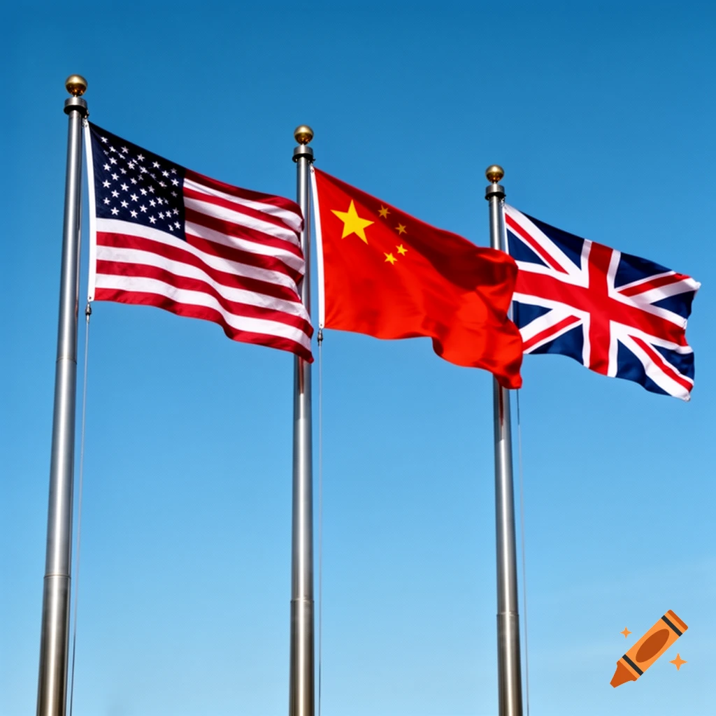 Three flags, USA, China, and United Kingdom, fly against a clear blue sky.
