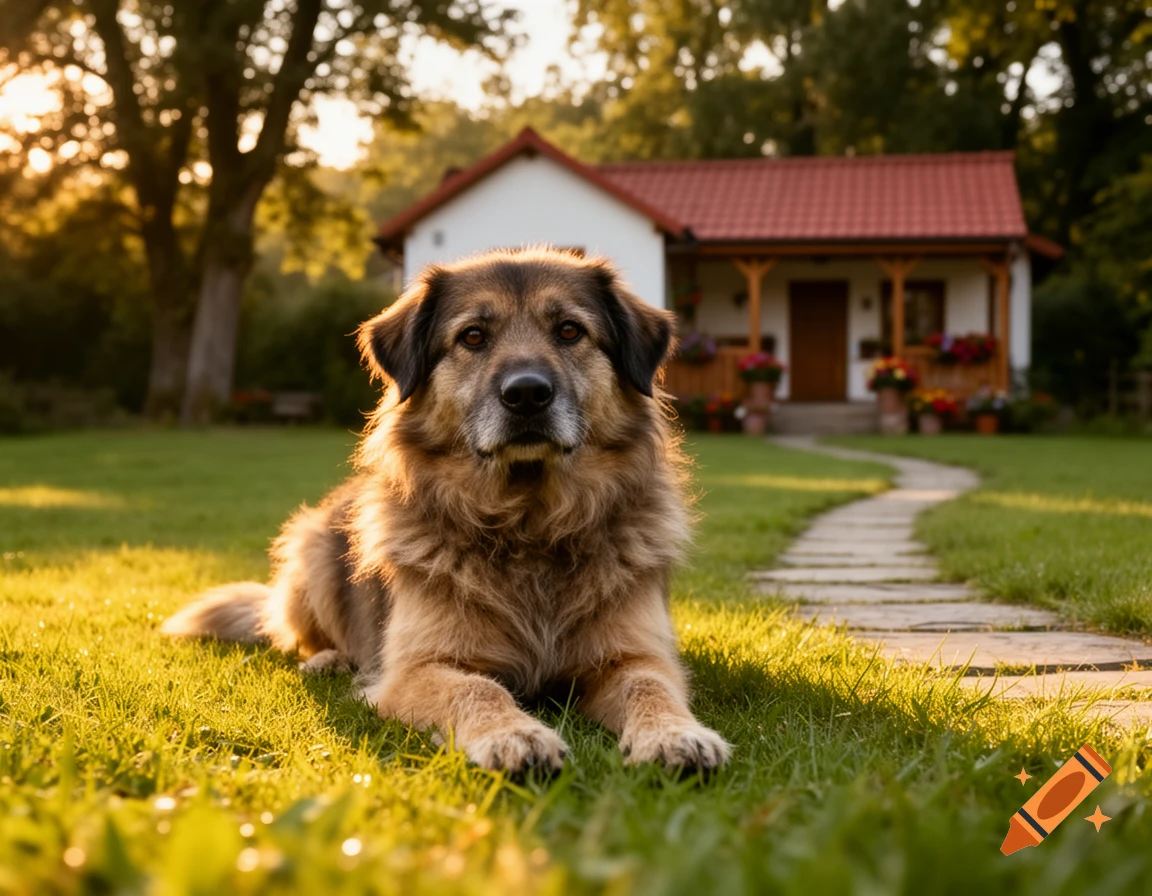 A brown and black dog lies on a sunlit green lawn in front of a white house with a red roof and a stone path, with trees in the background. Photorealistic style.