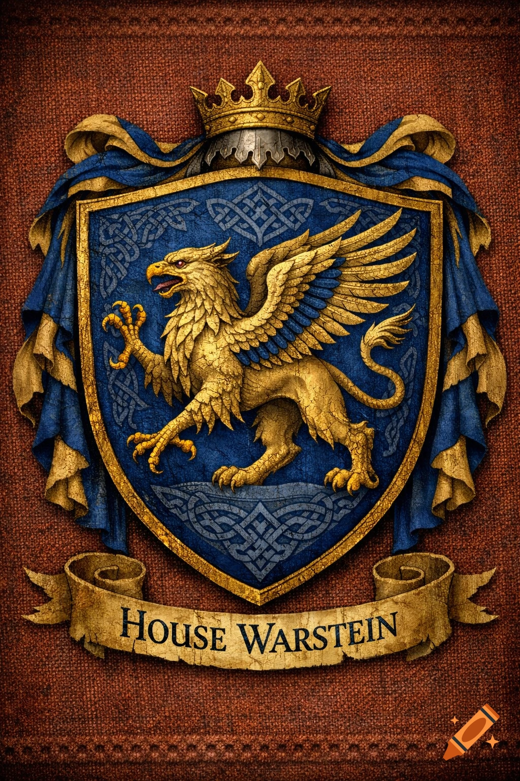 A golden griffin on a blue shield with Celtic knot patterns, topped with a crown and draped in blue and gold fabric. A banner below reads 'HOUSE WARSTEIN'.