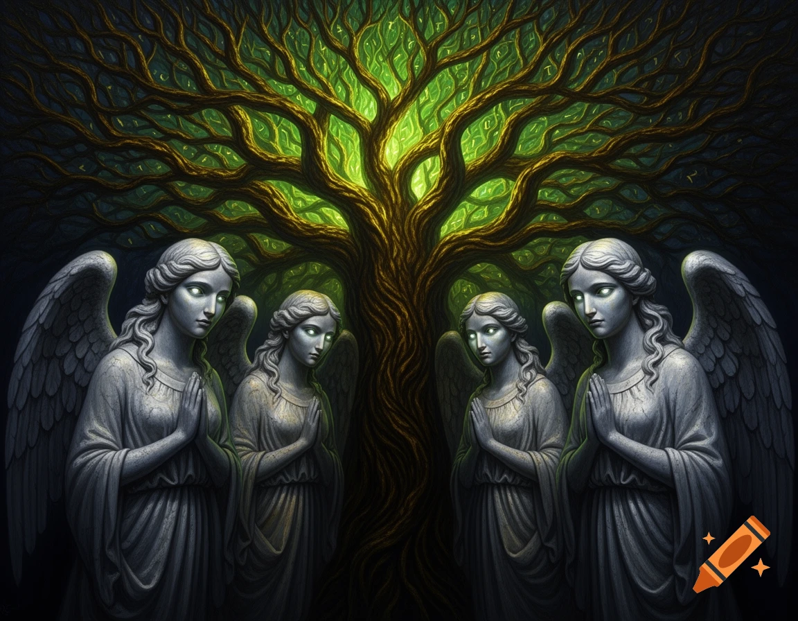 Four stone angel statues with glowing eyes stand in front of a glowing, intricate tree of life in a dark, uncanny setting.