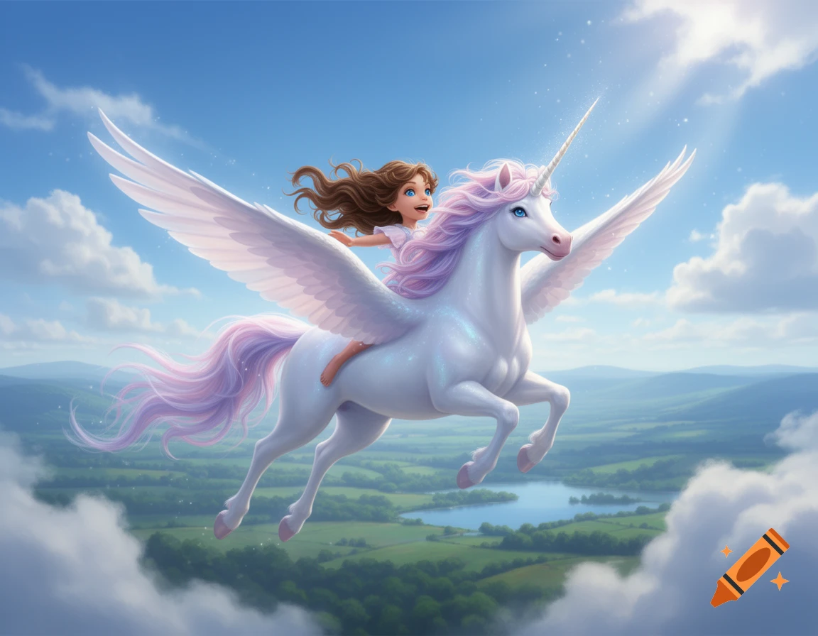 A young girl with brown hair rides a majestic white alicorn with a pink mane and tail, flying through a sunny blue sky above green hills and a lake.