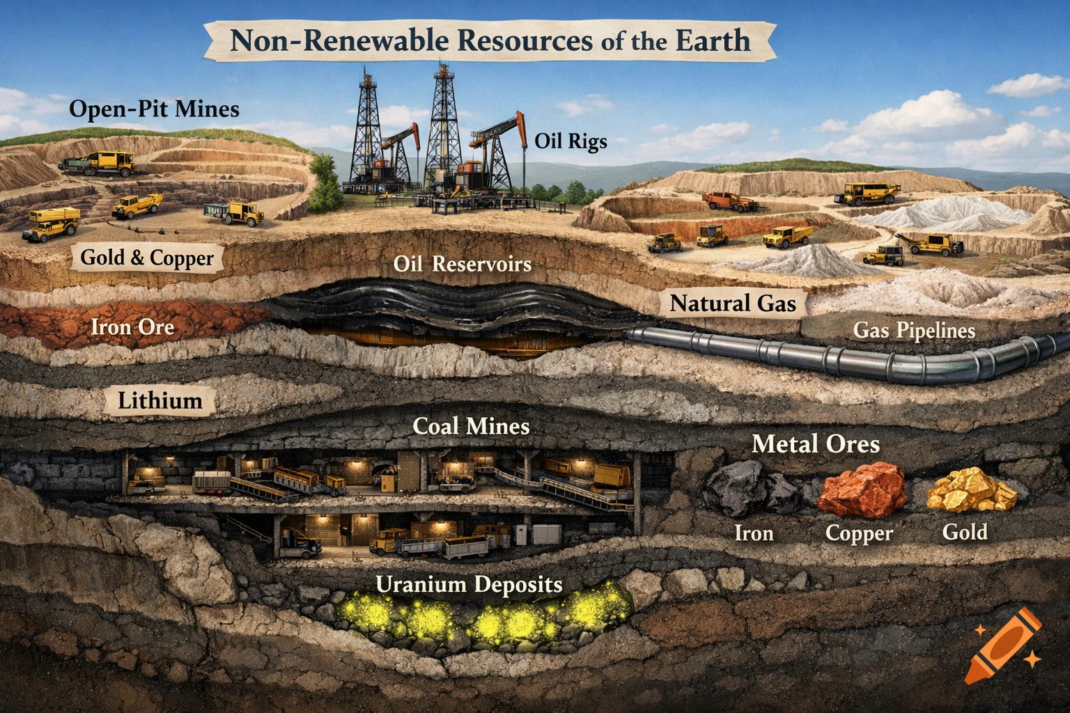 Detailed educational cross-section illustration of Earth's non-renewable resources, featuring mines, oil rigs, and geological layers.