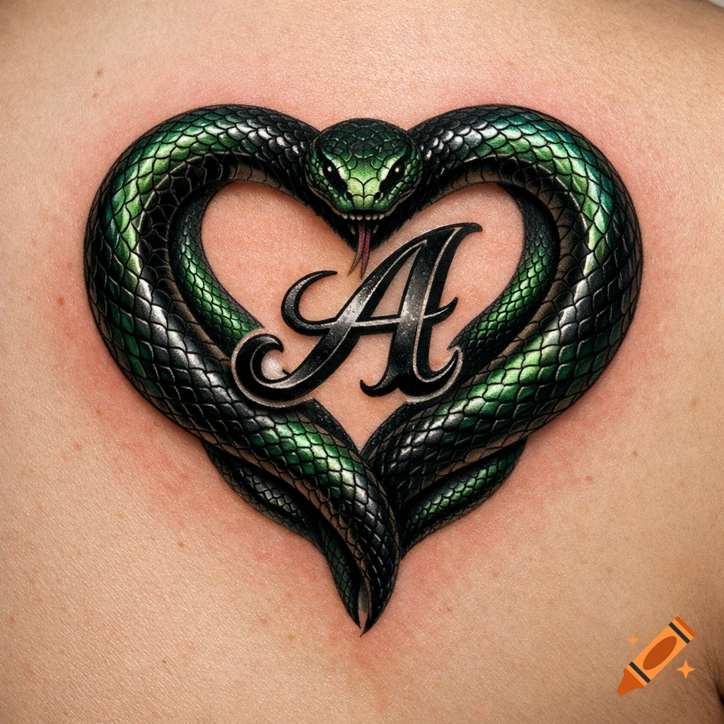 Photorealistic tattoo of a green snake forming a heart shape with a black letter 'A' in the center, on human skin.