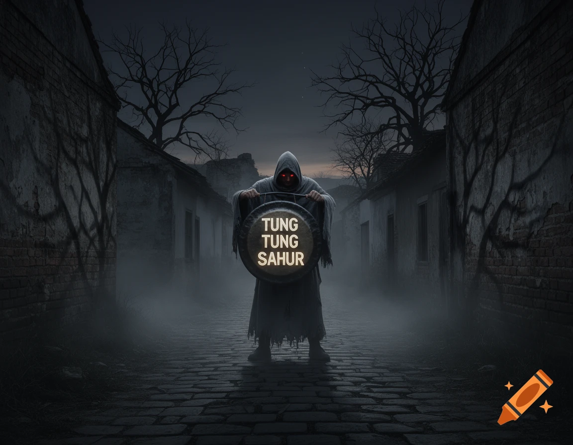 A dark hooded figure with glowing red eyes holds a gong with 'TUNG TUNG SAHUR' text, standing in a foggy, derelict alley.