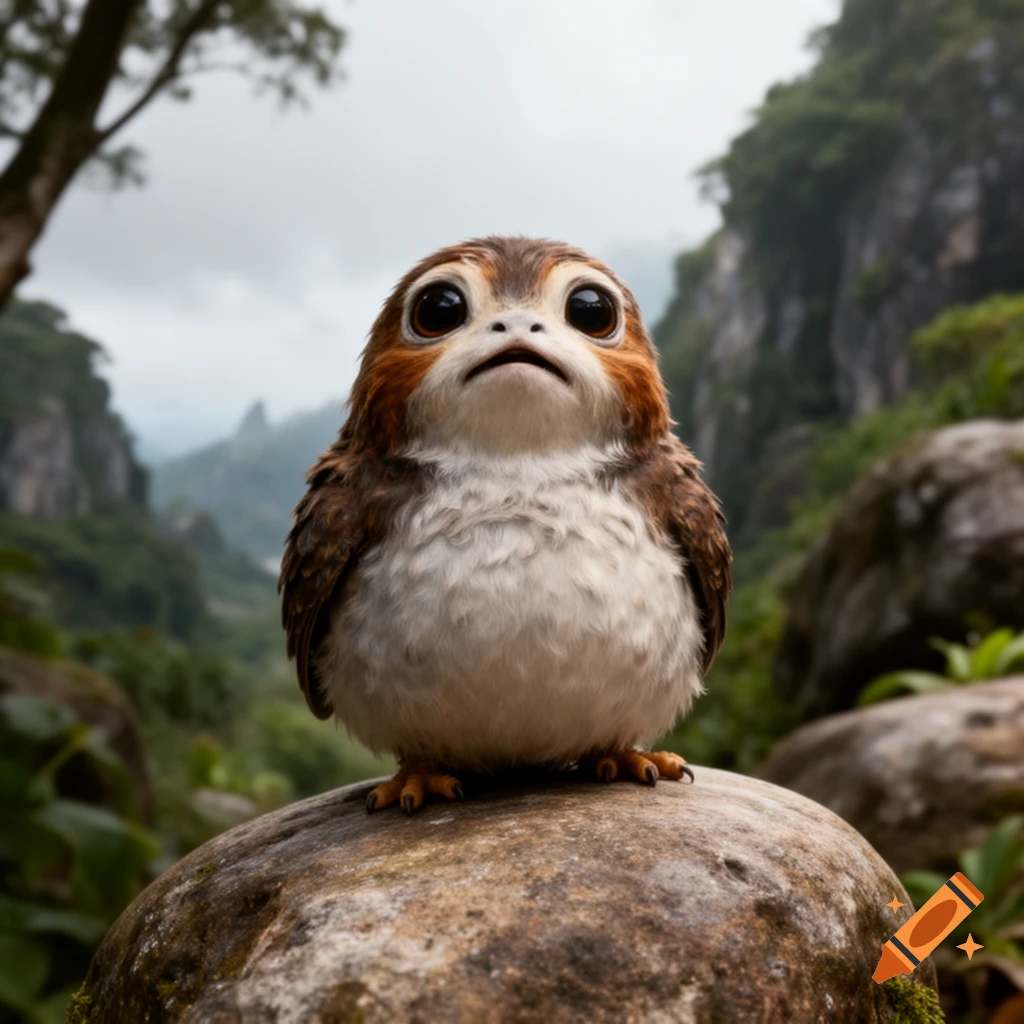 A cute porg with large black eyes, brown and white feathers, sits on a mossy rock in a misty green valley.