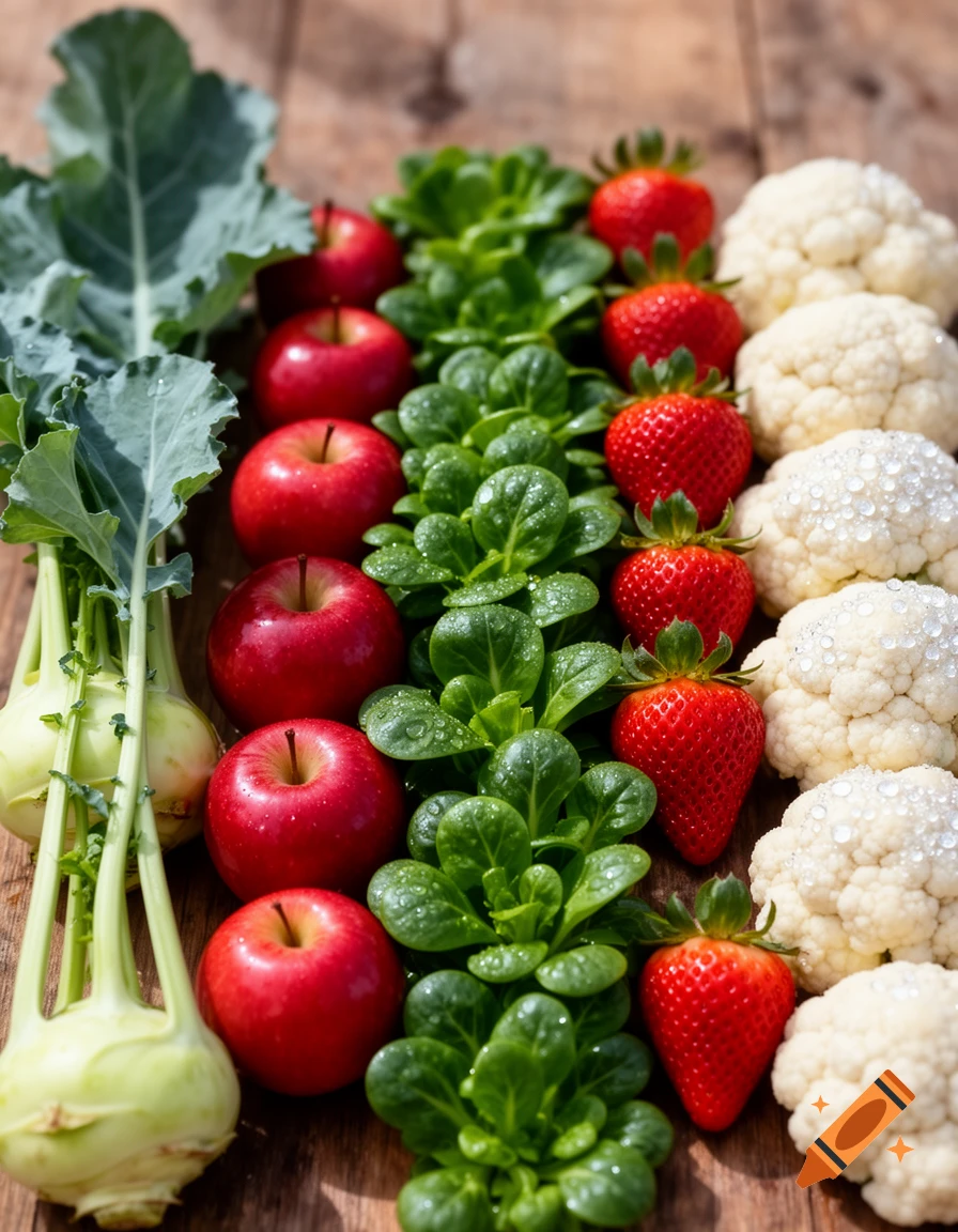 Kohlrabi, red apples, green lamb's lettuce, strawberries, and cauliflower with water droplets arranged in vertical stripes on a wooden surface.