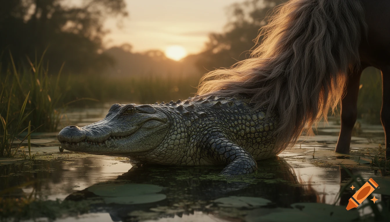 A fearsome crocodile with a long, flowing horse tail emerges from a murky swamp at twilight, photorealistic.