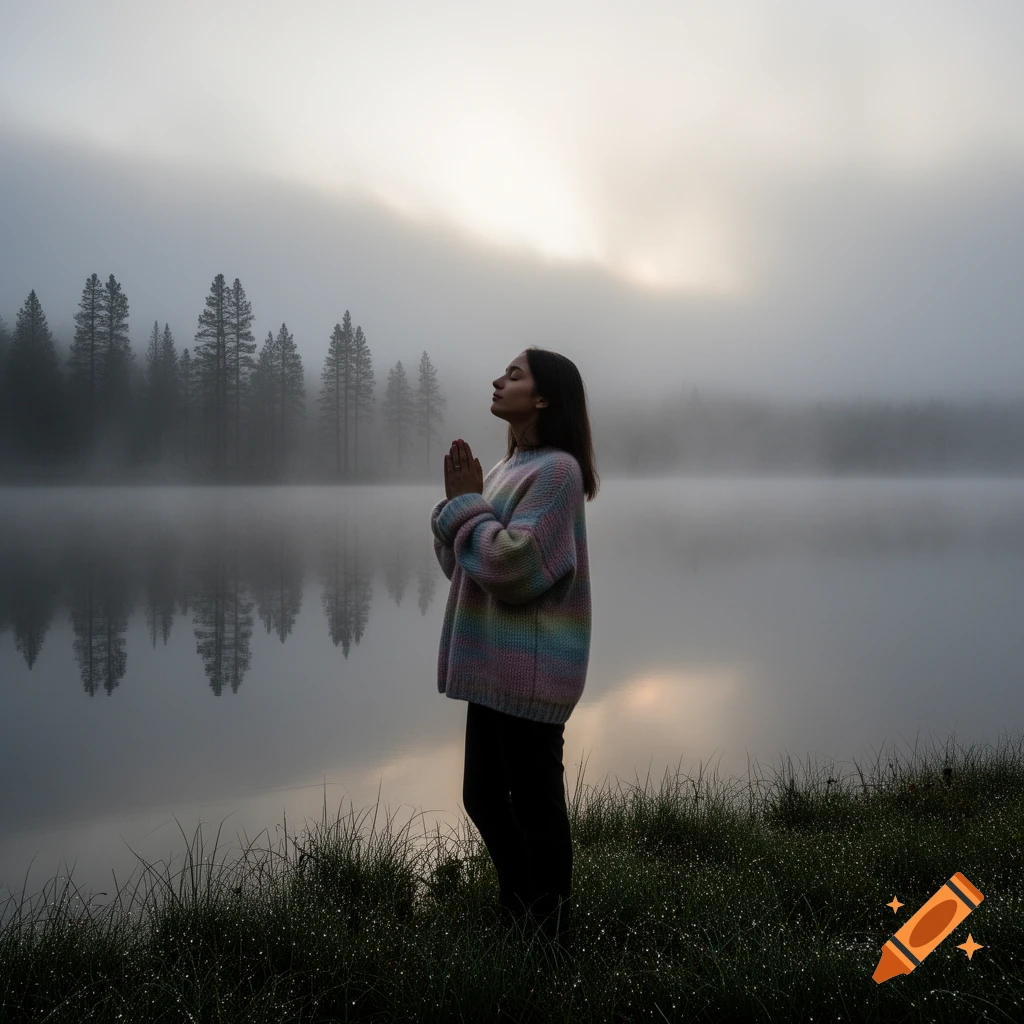 A person with closed eyes and hands clasped in prayer or meditation stands by a misty lake with trees in background at sunrise.