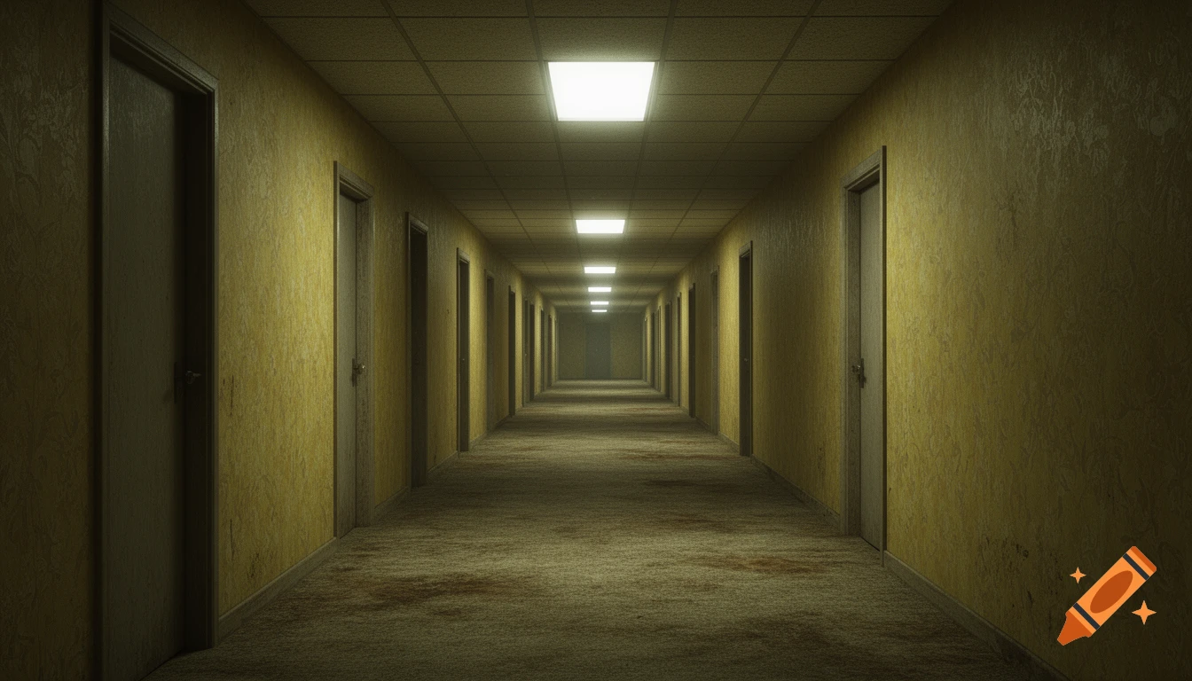 A long, dark, empty hallway with dirty yellow walls, soiled carpet, and glowing fluorescent lights, creating a liminal, eerie atmosphere.