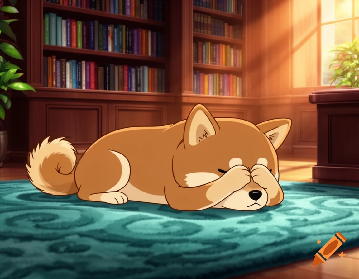 A cute animated Shiba Inu dog lies on a teal rug, covering its eyes with paws in a library.