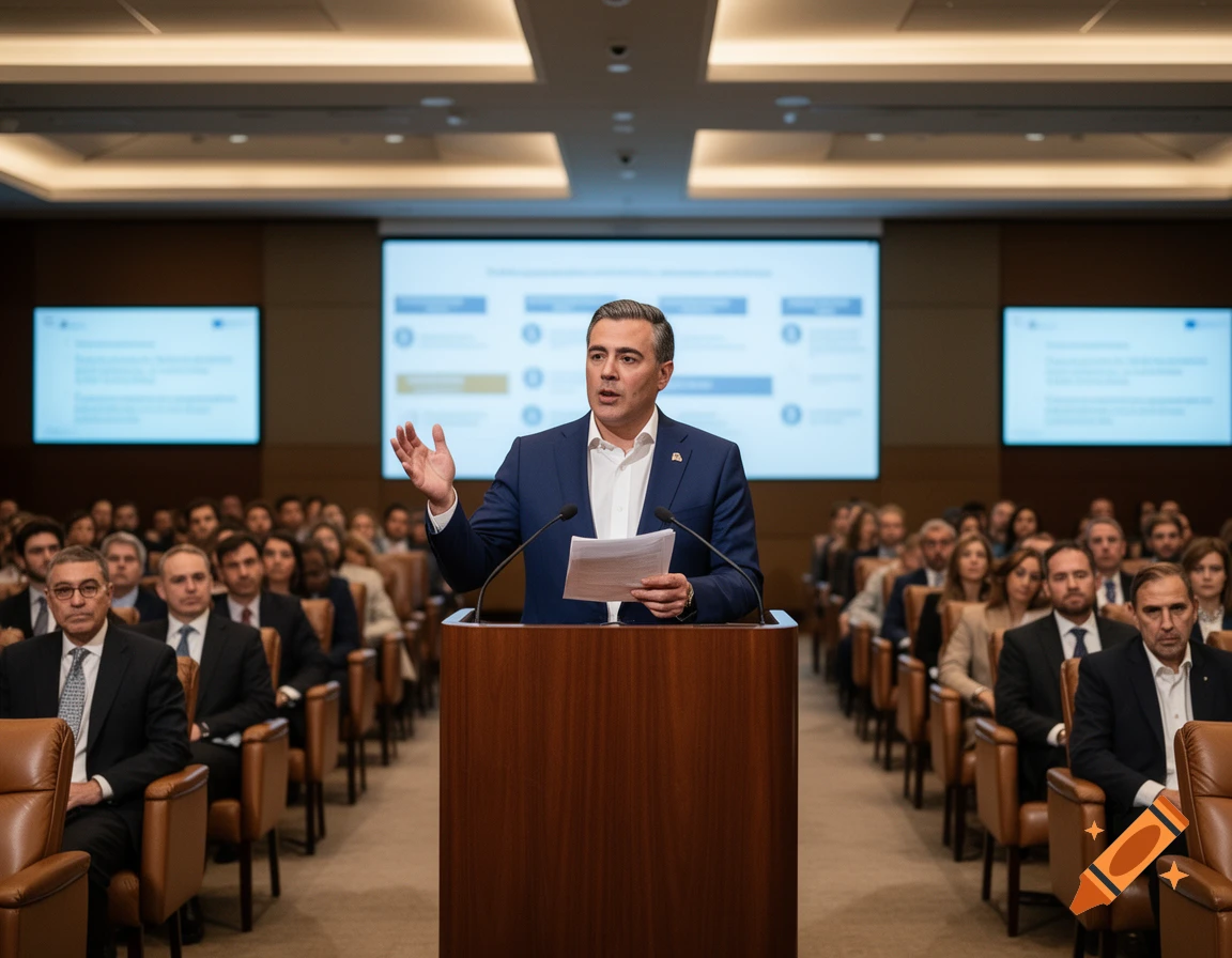 A man in a suit speaks from a podium to an audience in a conference room with presentation screens.
