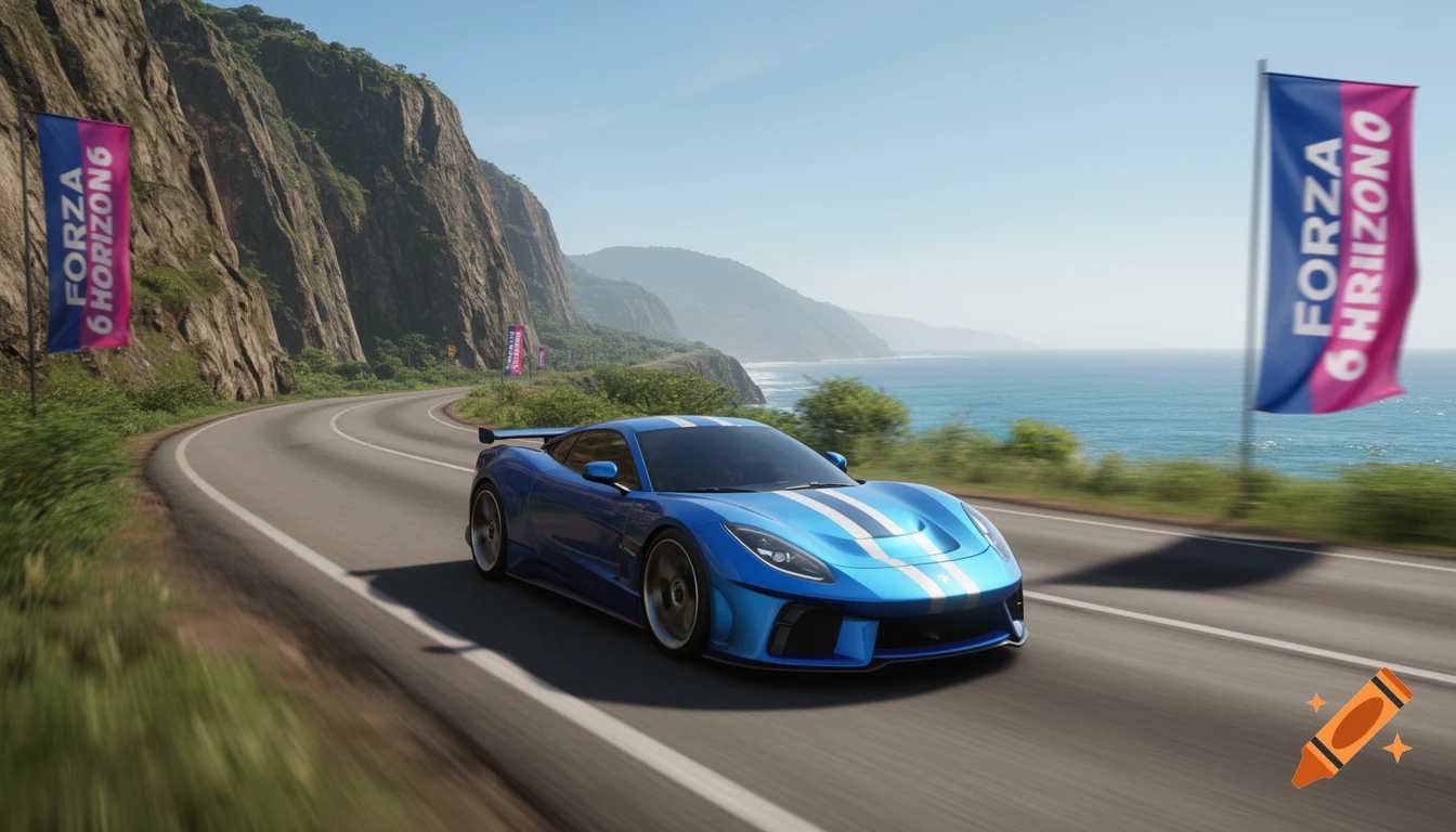 A blue sports car with white stripes drives on a winding coastal road next to mountains and the ocean, past flags.