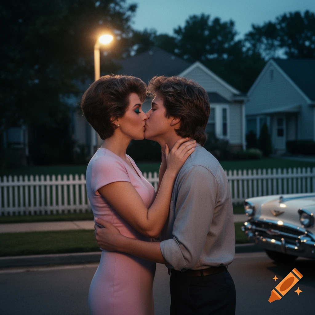 A couple in 80s attire shares a passionate kiss under a street light at night, with a classic car and suburban houses in the background.